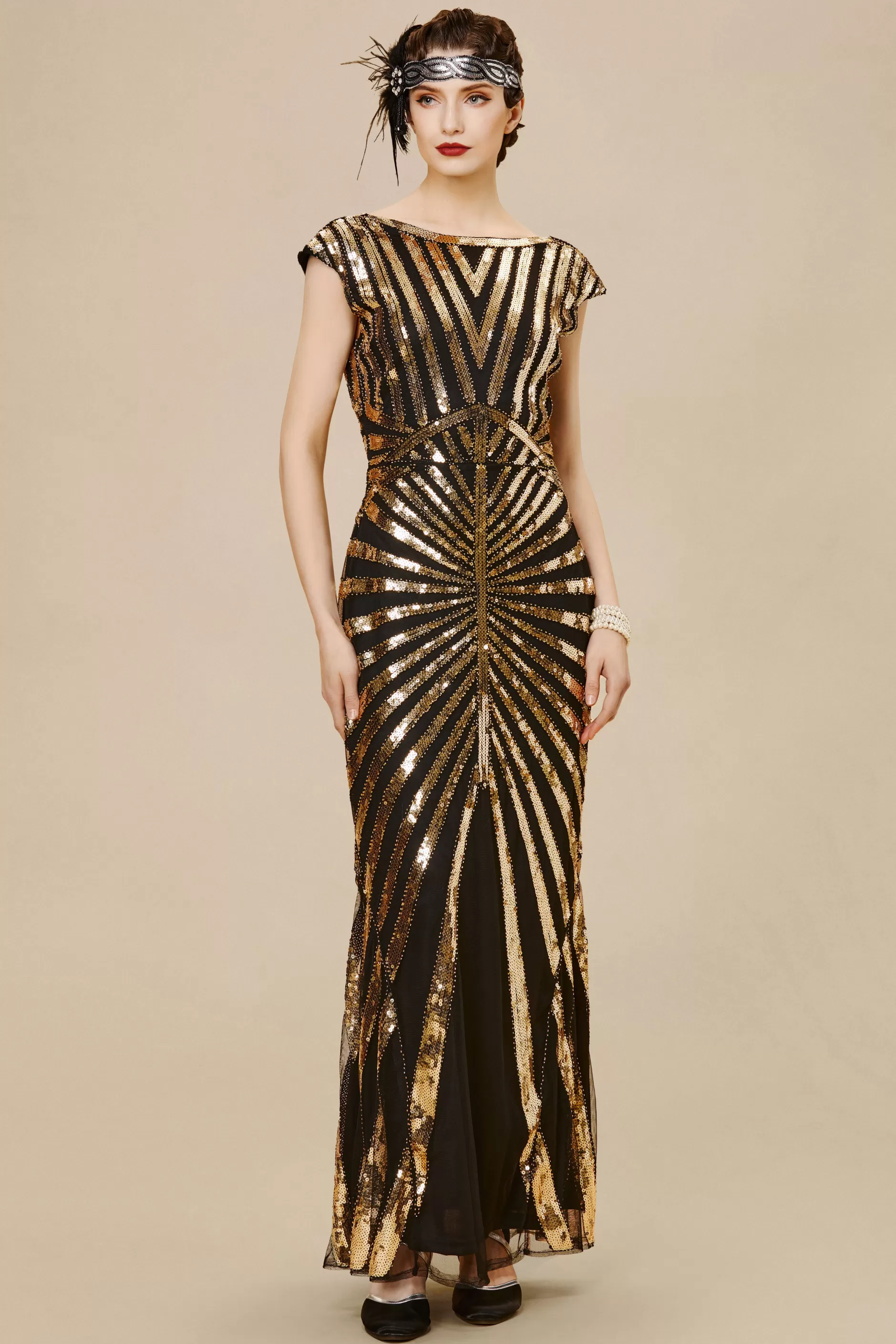 Art Deco Cap Sleeve Sequin Maxi Dress-BABEYOND Cheap
