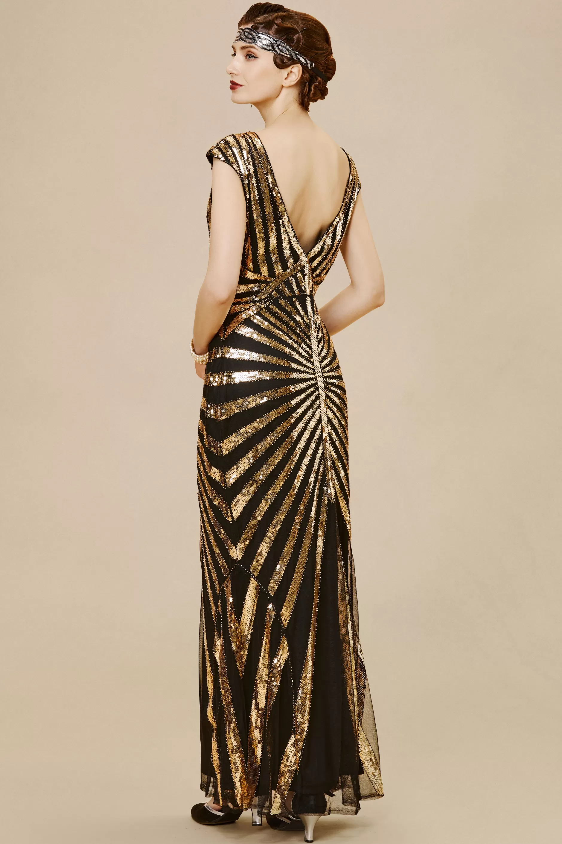 Art Deco Cap Sleeve Sequin Maxi Dress-BABEYOND Cheap