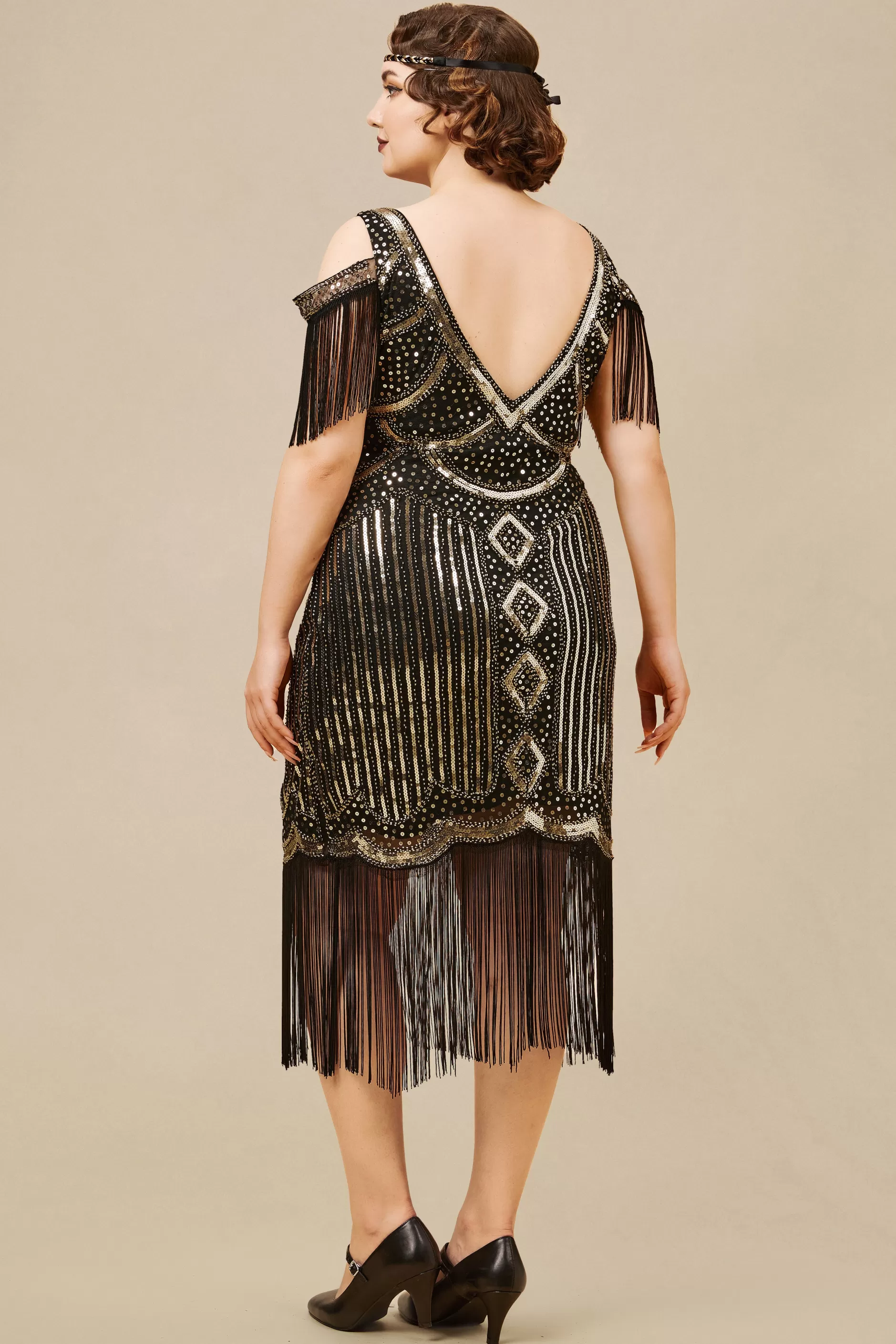 Beaded Off Shoulder Flapper Plus Dress-BABEYOND Best