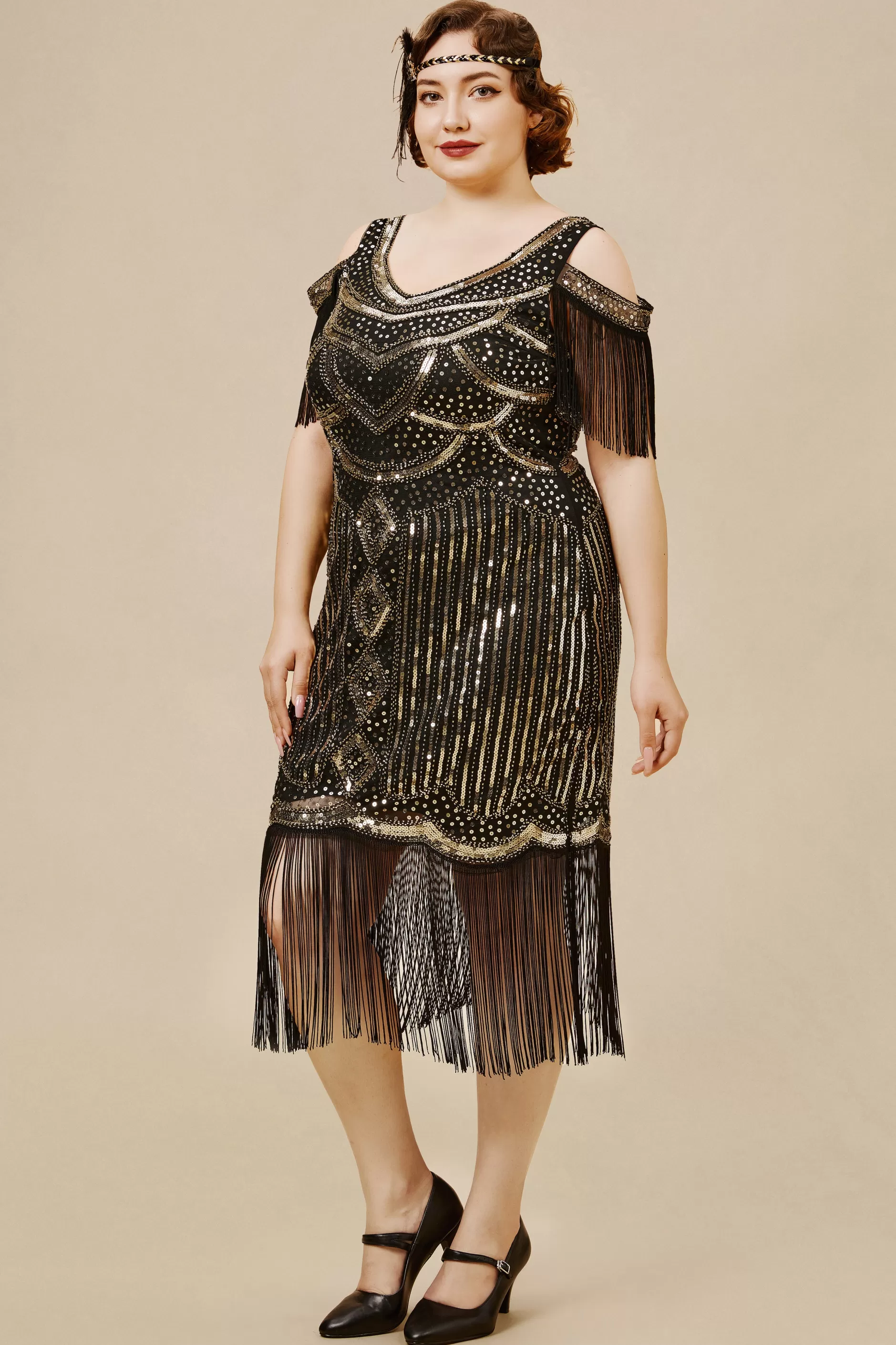 Beaded Off Shoulder Flapper Plus Dress-BABEYOND Best