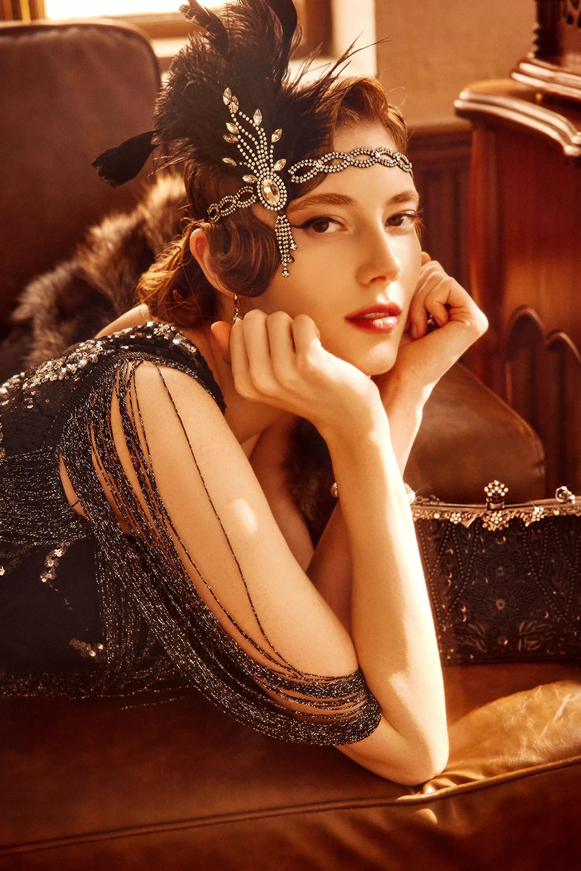 Beaded Rhinestone Tassel Feather Headpiece-BABEYOND Online