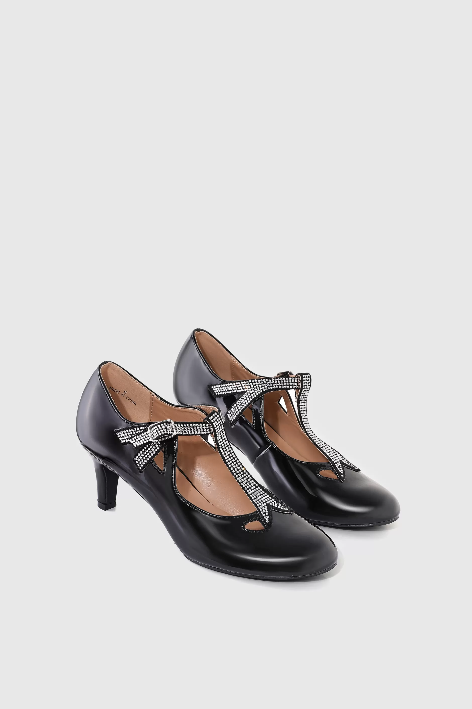 Closed Toe T-Strap Rhinestone Pumps-BABEYOND Online