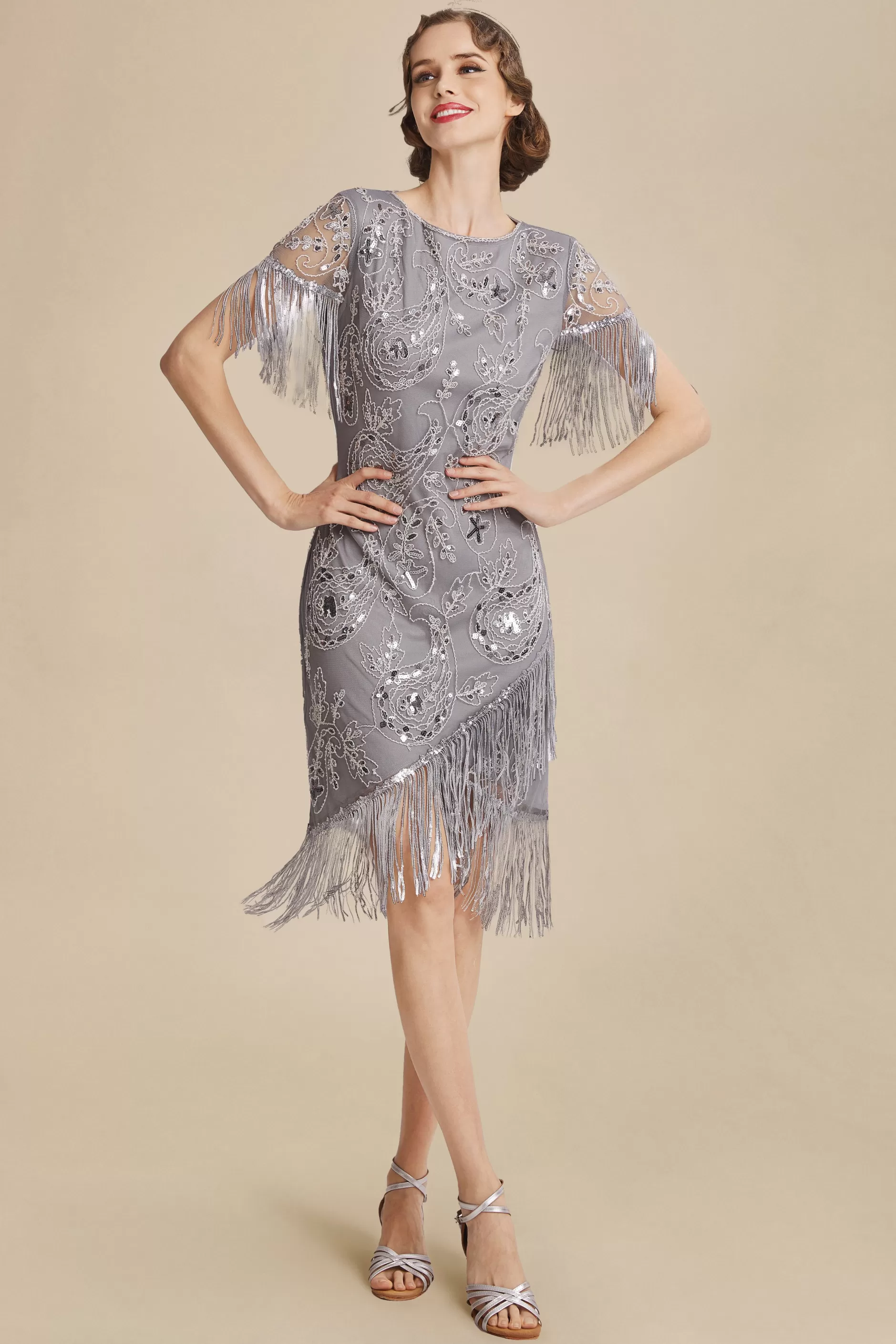 Embellished Fringe Sequin Art Deco Dress-BABEYOND Online