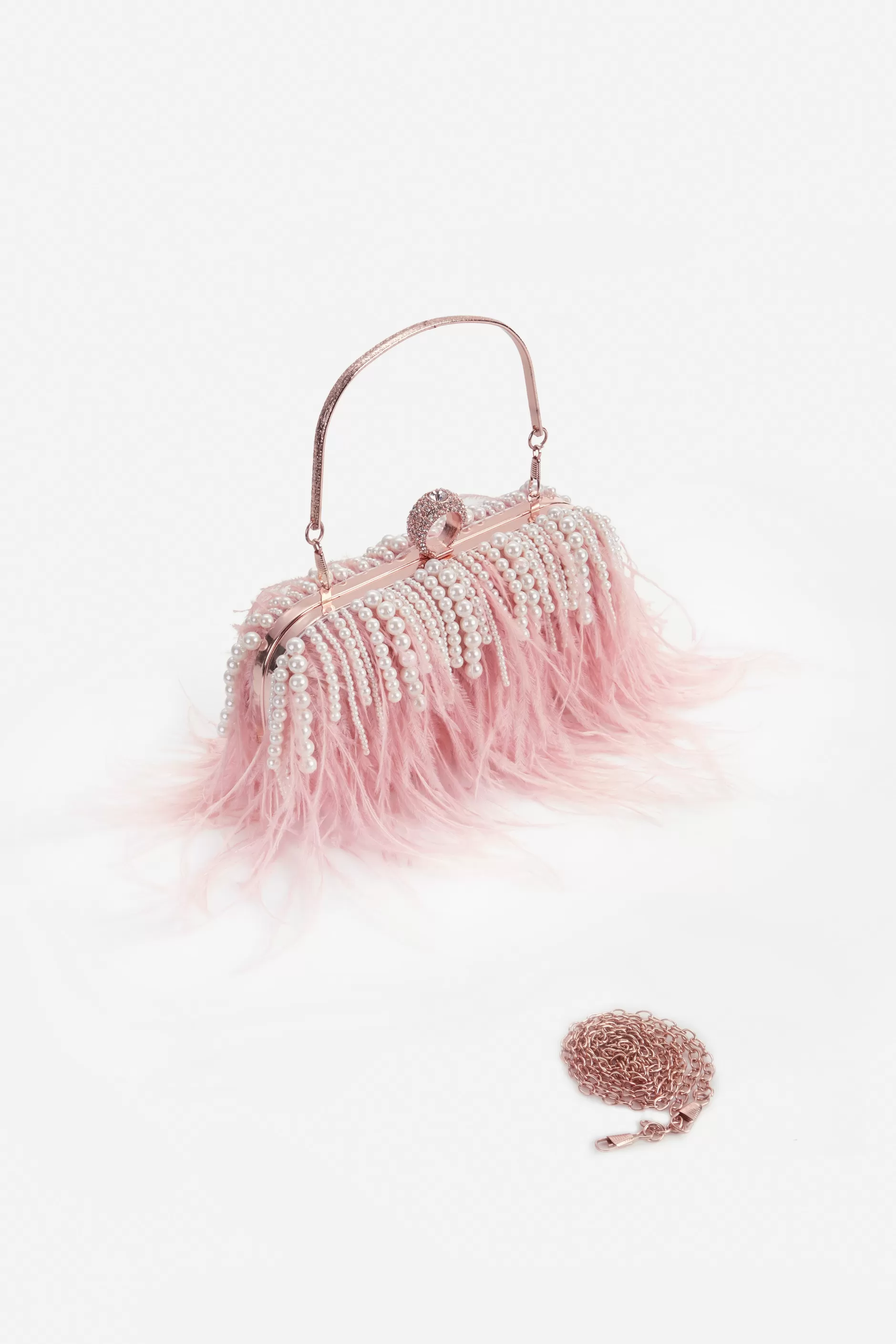 Embellished Ostrich Feather Pearl Tassel Clutch-BABEYOND Outlet