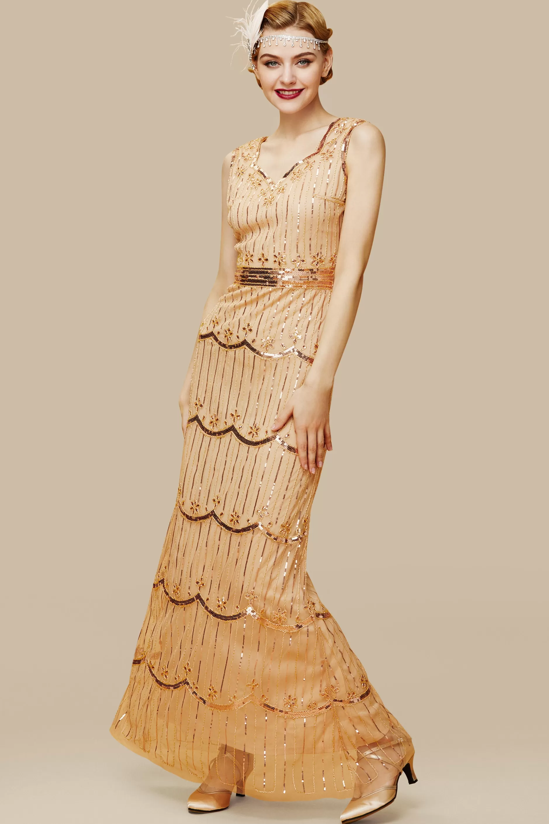 Floral Sequin Sleeveless Gown Dress-BABEYOND Best Sale