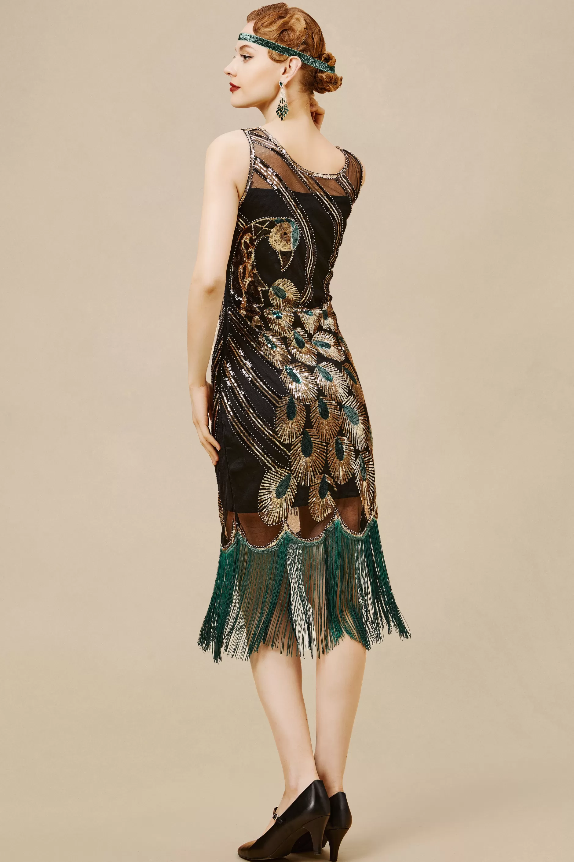 Glitter Sequin Peacock Scoop Neck Dress-BABEYOND Sale