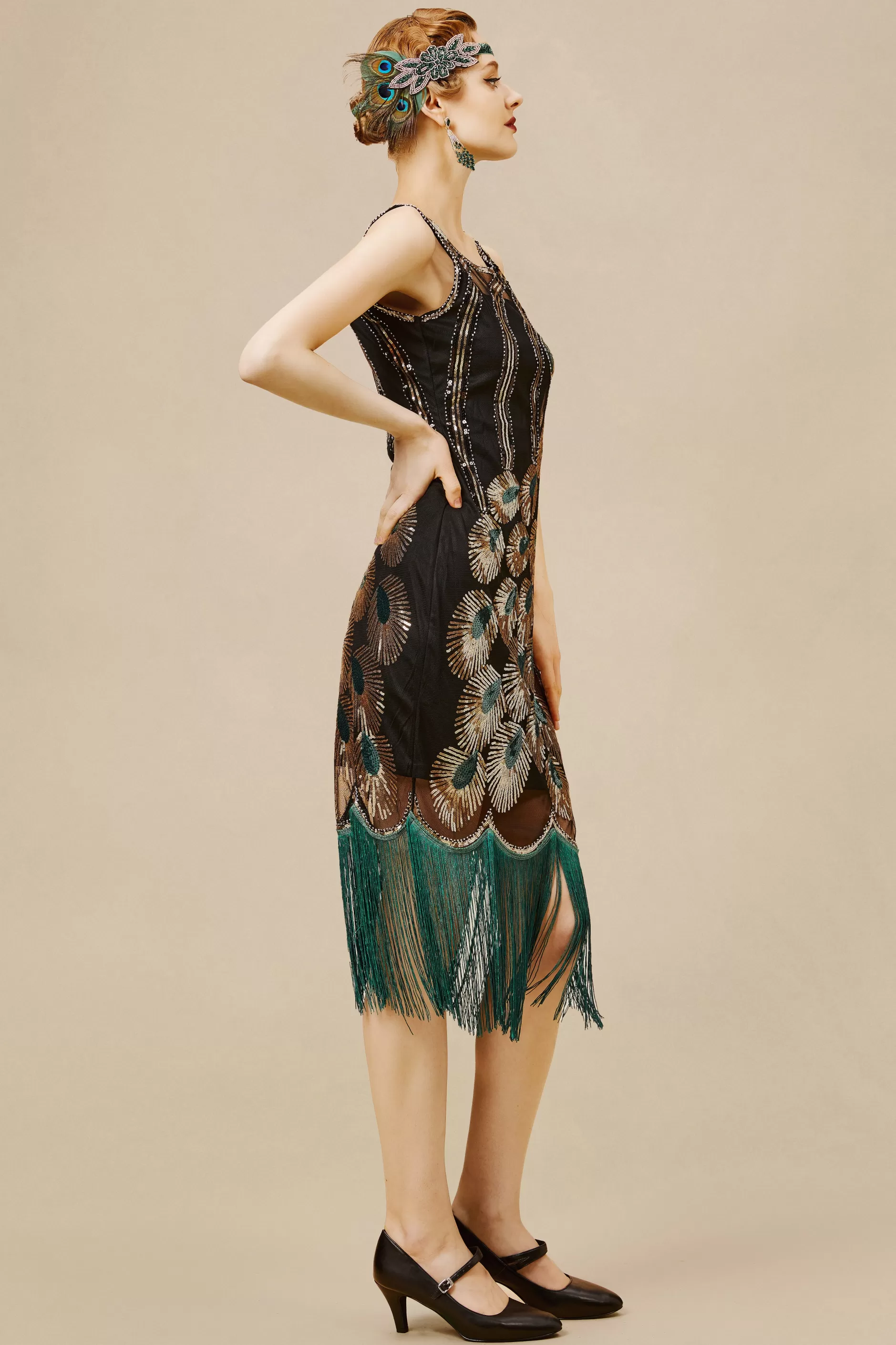 Glitter Sequin Peacock Scoop Neck Dress-BABEYOND Sale