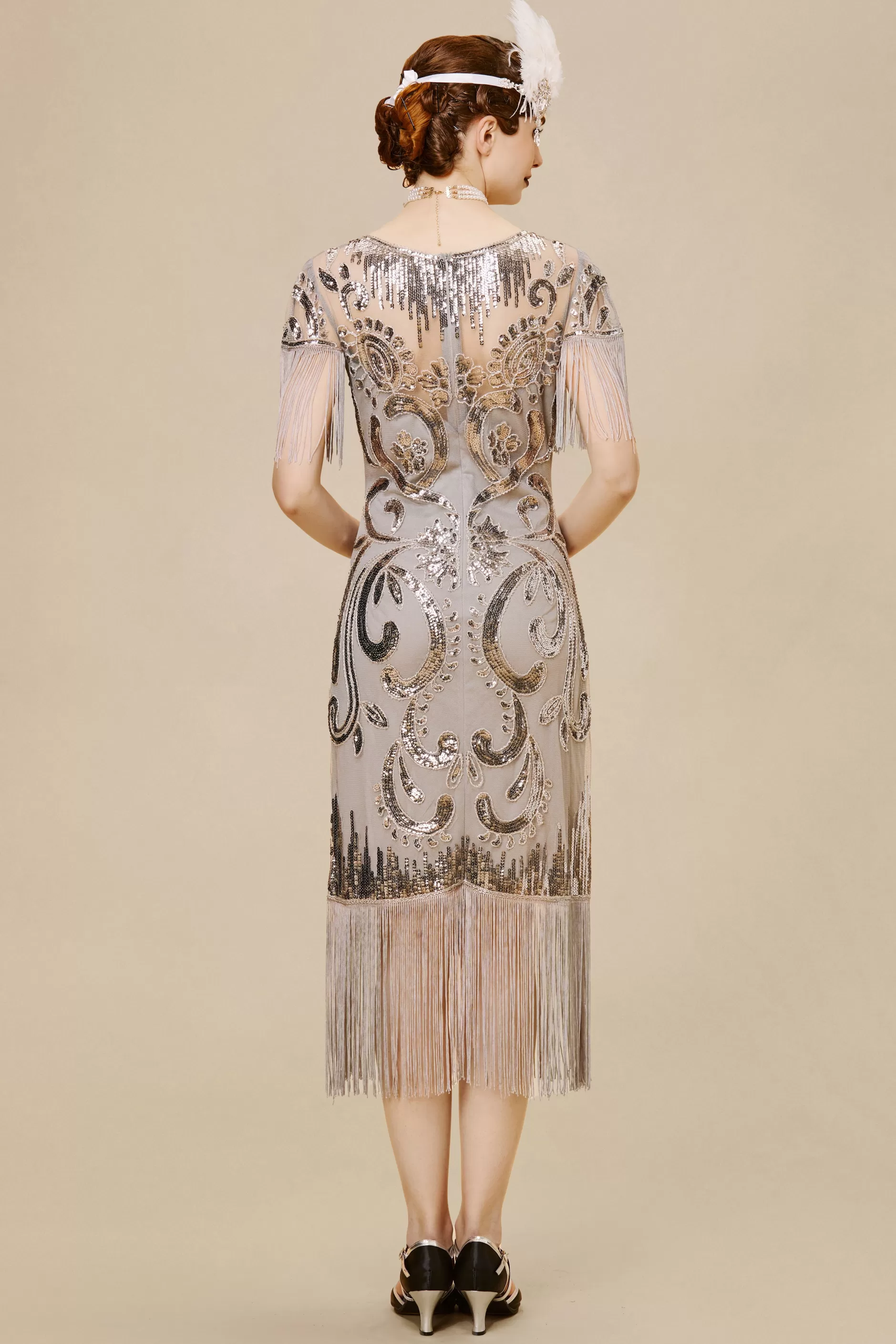 Paisley Boat Neck Flapper Midi Dress-BABEYOND Hot