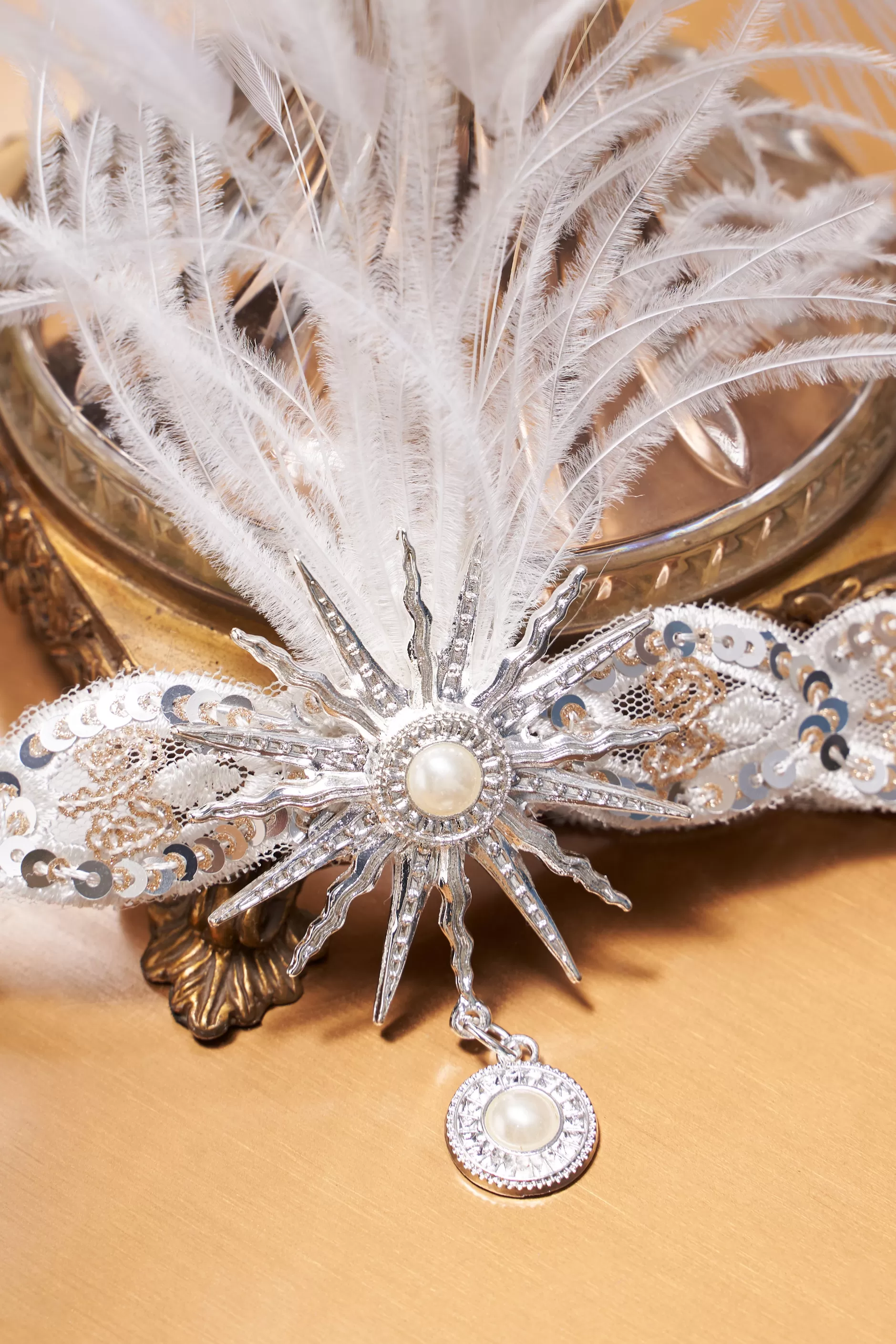 Pearl Studded Sequin Feather Headpiece-BABEYOND Shop