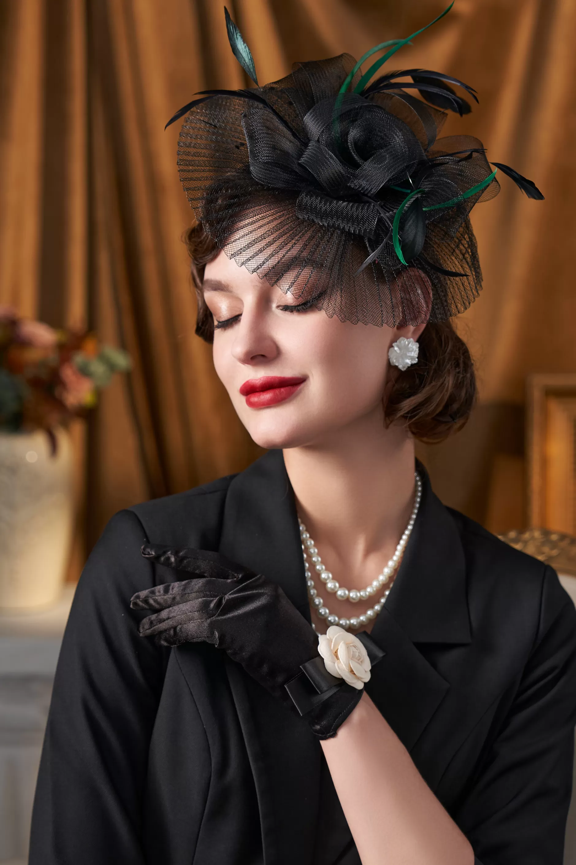 Pleated Mesh Floral Feather Fascinator-BABEYOND Discount