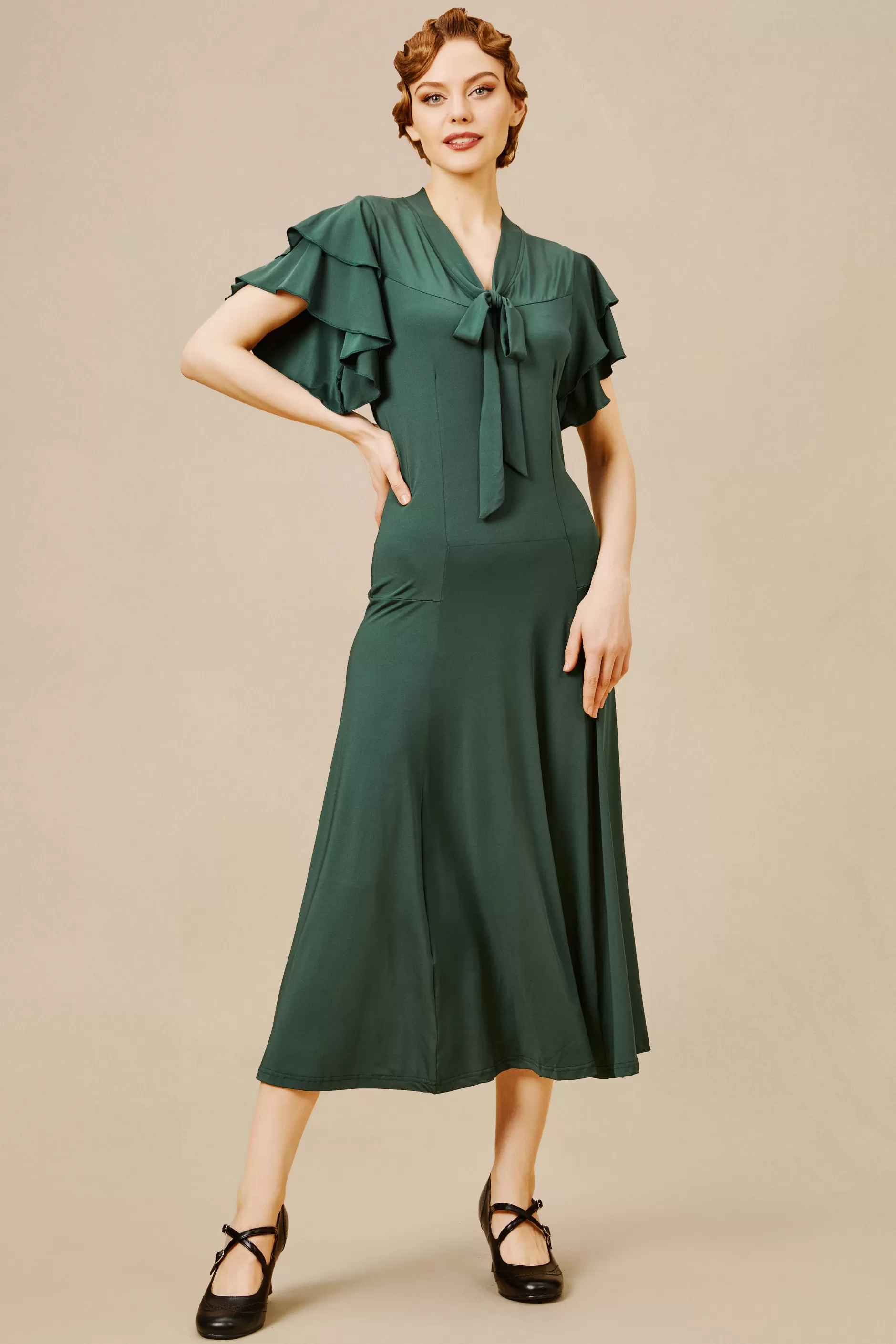 Retro Tie Neck Midi Ruffle Dress-BABEYOND New