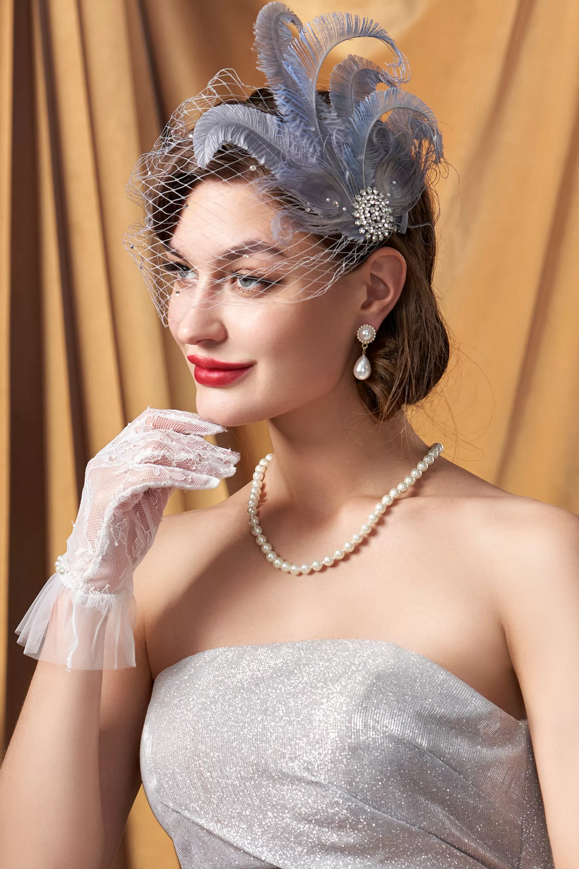 Rhinestone Studded Feather Veil Fascinator-BABEYOND Discount
