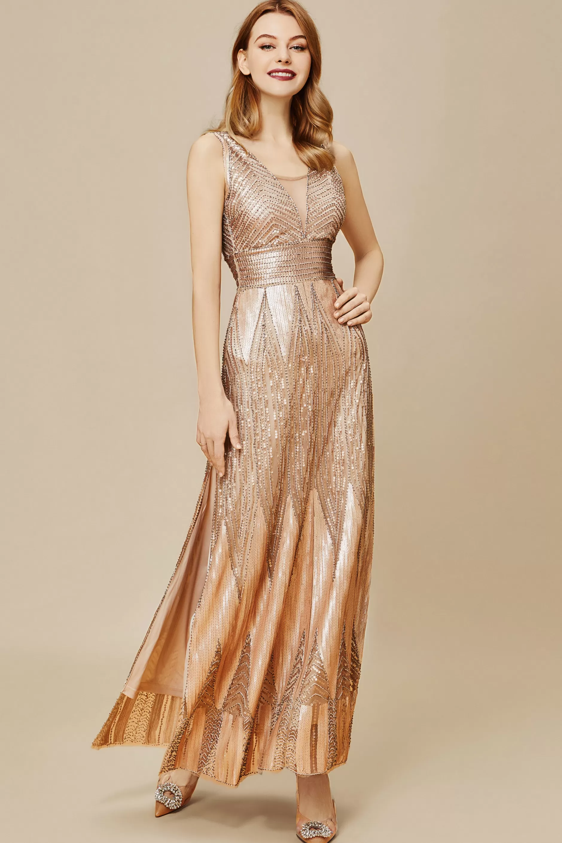 Scoop Neck Sheer Side Slit Sequin Dress-BABEYOND Best Sale