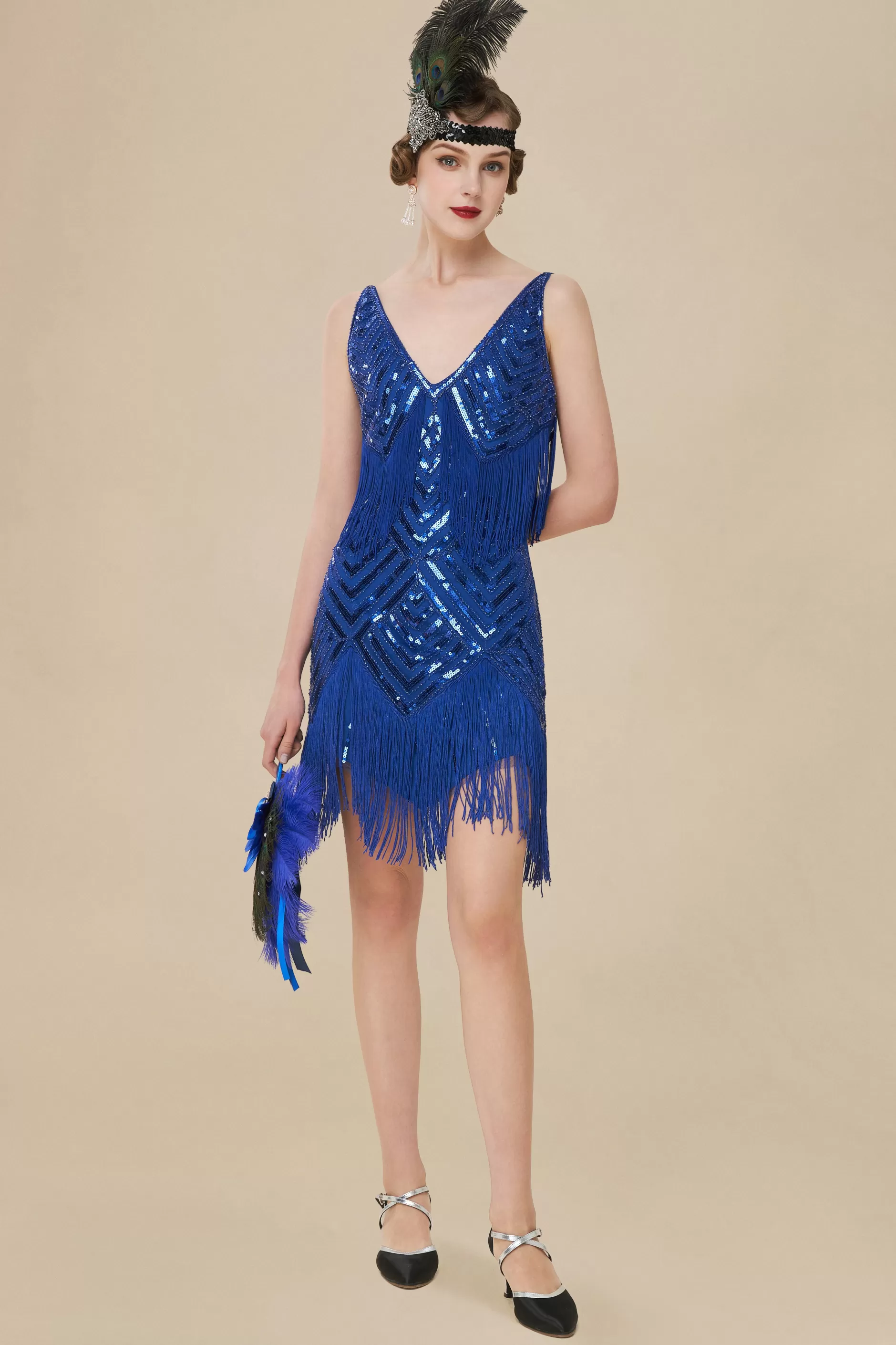 Sequin Beaded V-Neck Mini Dress-BABEYOND Online