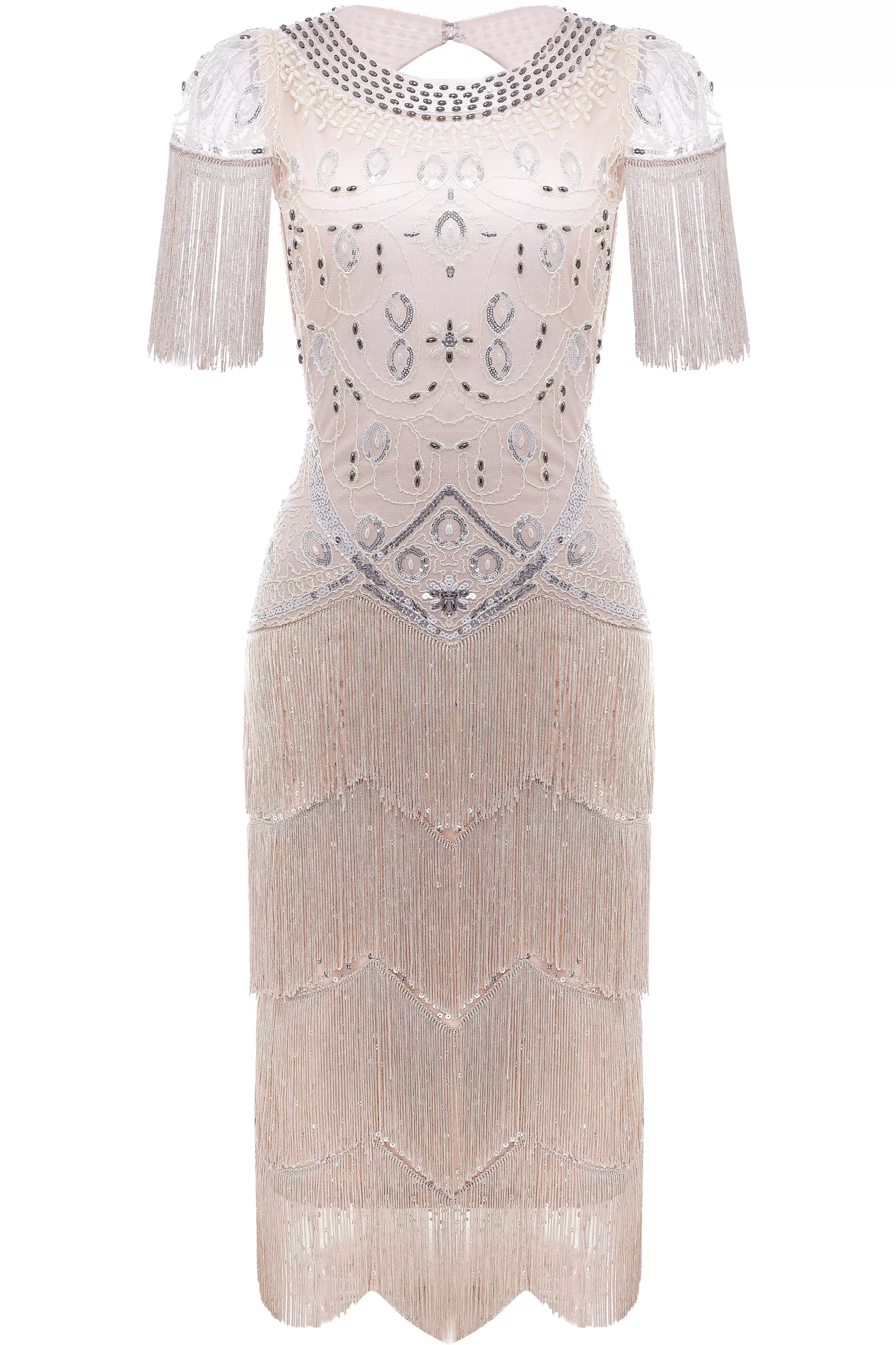 Sheer Sleeves Tiered Fringe Sequin Dress-BABEYOND Outlet