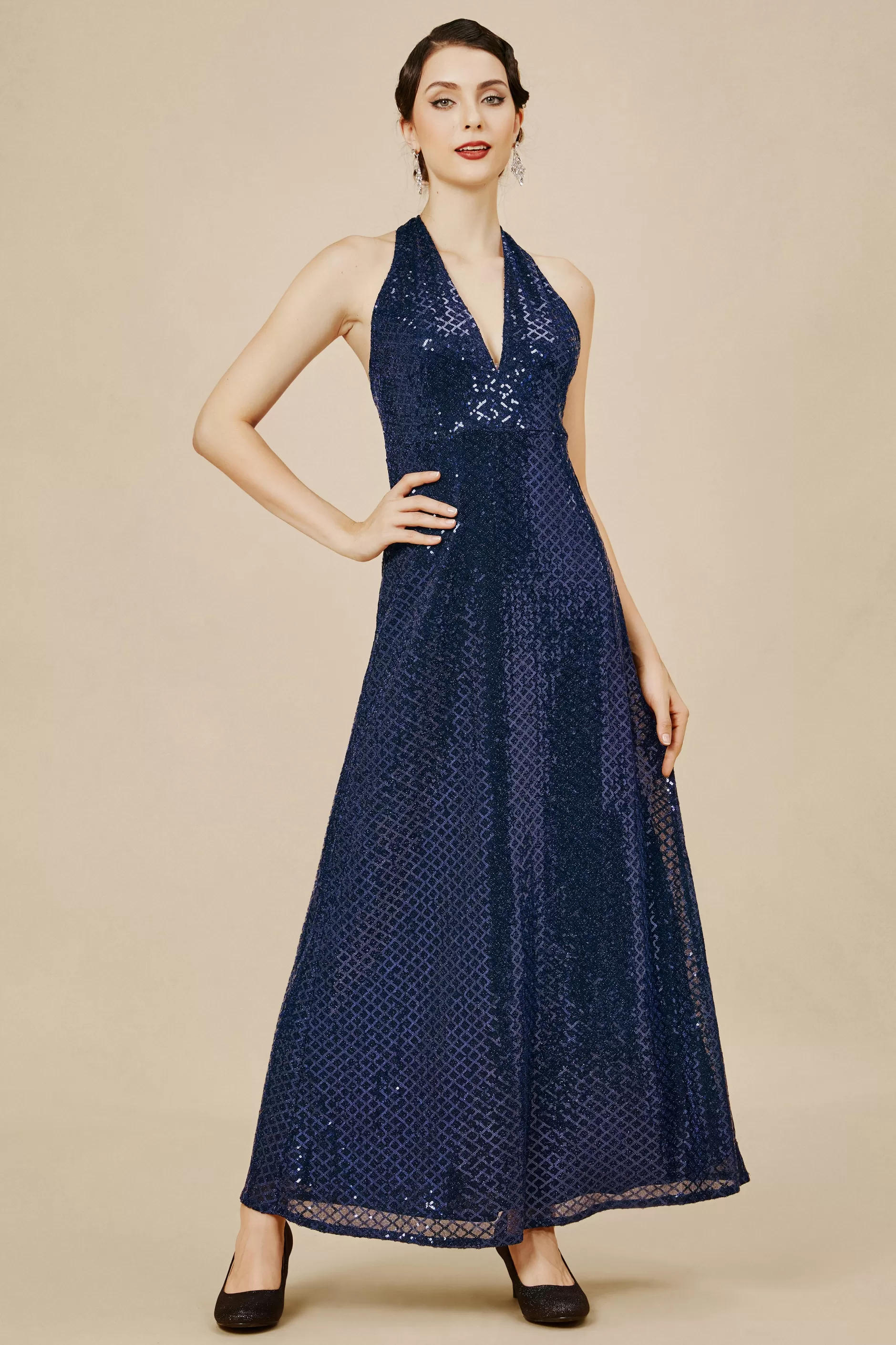 V Neck Hanging Sequin Maxi Dress-BABEYOND Discount