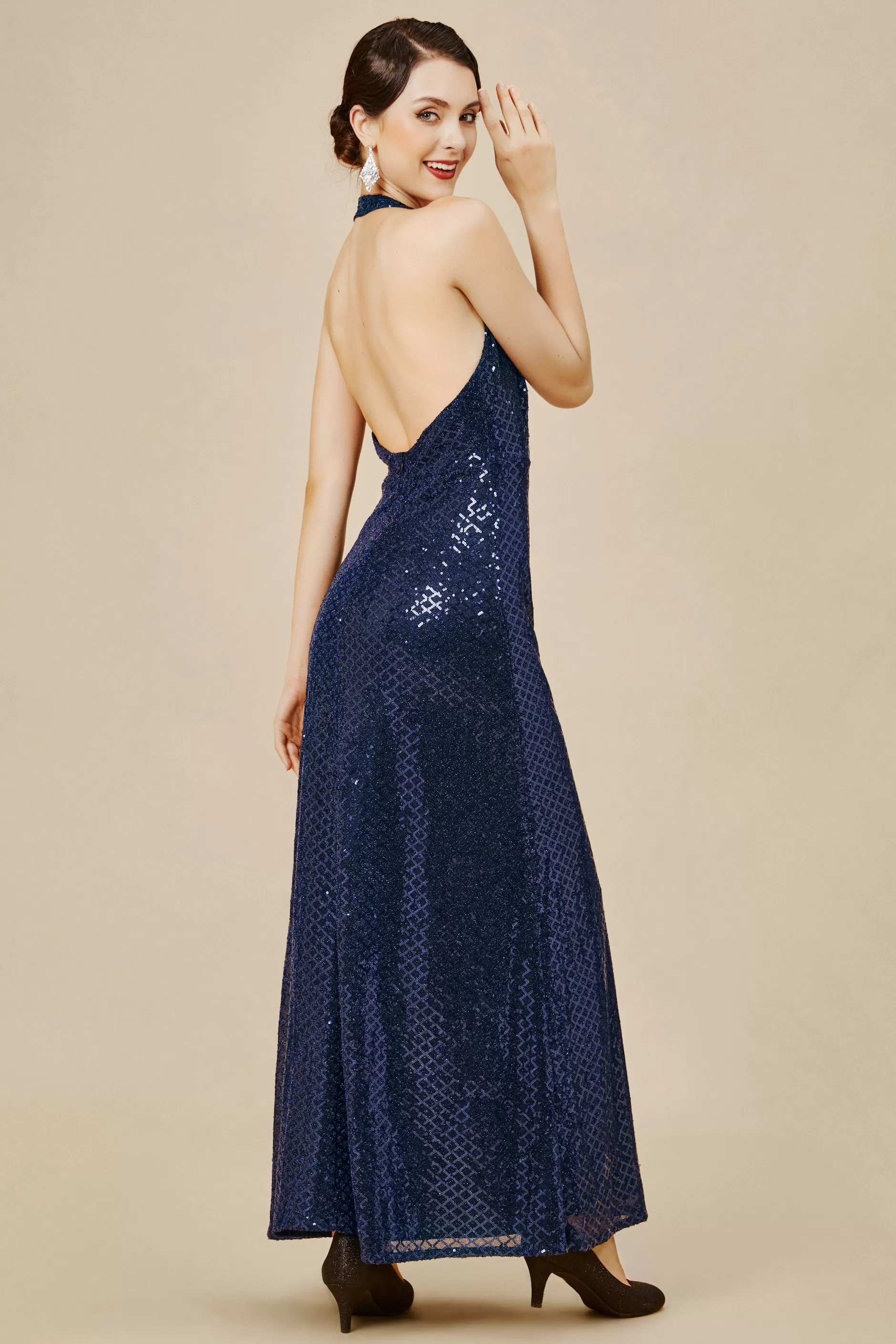 V Neck Hanging Sequin Maxi Dress-BABEYOND Discount